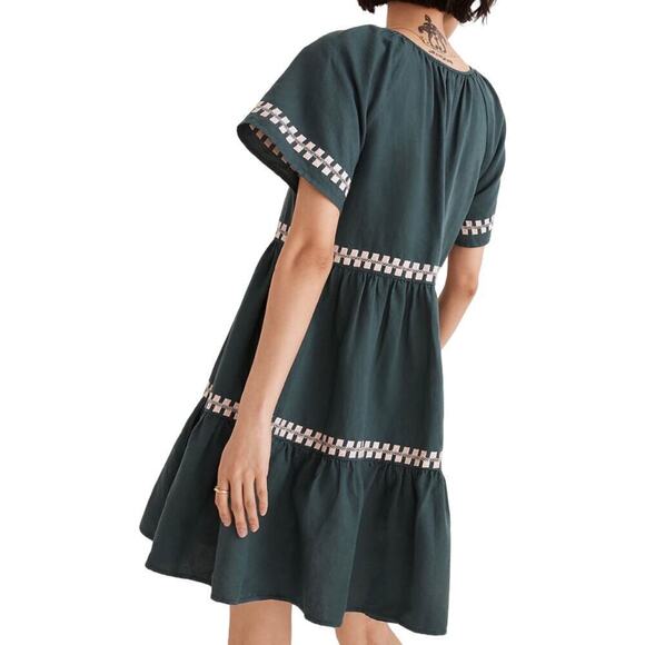 Madewell Embroidered Linen oFlutter Sleeve Mini Dress Size S Evergreen Forest - Picture 4 of 12